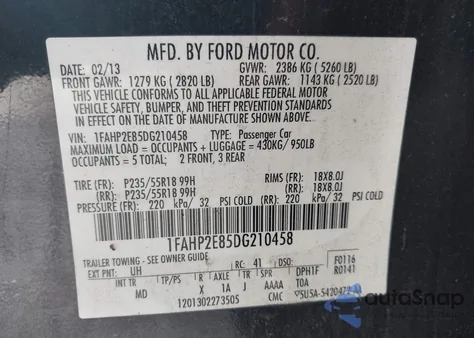 2013 Ford Taurus Sel from USA, damaged, VIN 1FAHP2E85DG210458